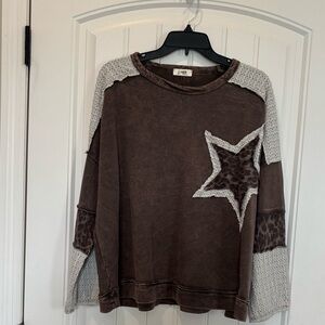 Brown Star Patchwork Women's Top. New Never Worn Without Tags